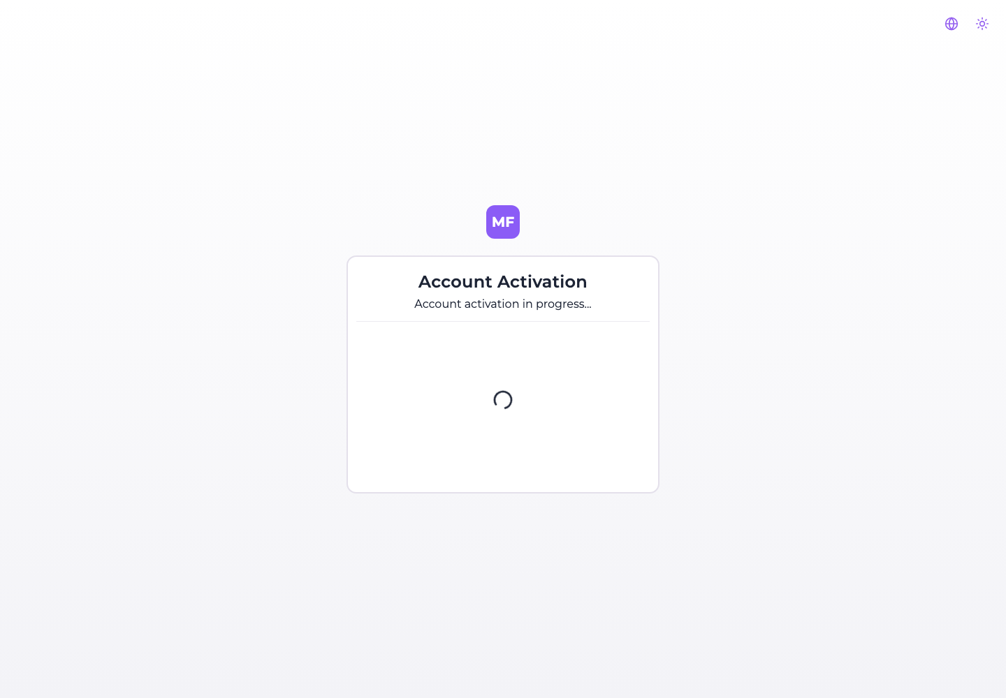 The account activation screen, working on the token from the emailed link