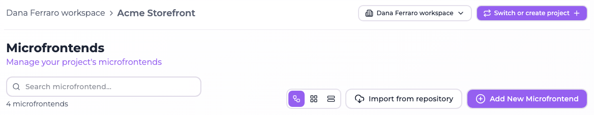 The Microfrontends page header with the search field, the view switcher and the Import from repository and Add New Microfrontend buttons