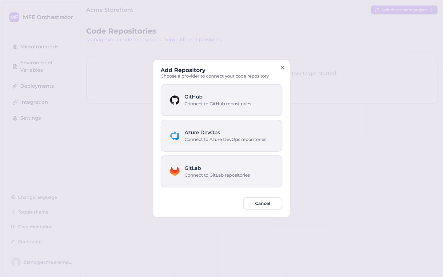 The Add Repository dialog, listing the available providers