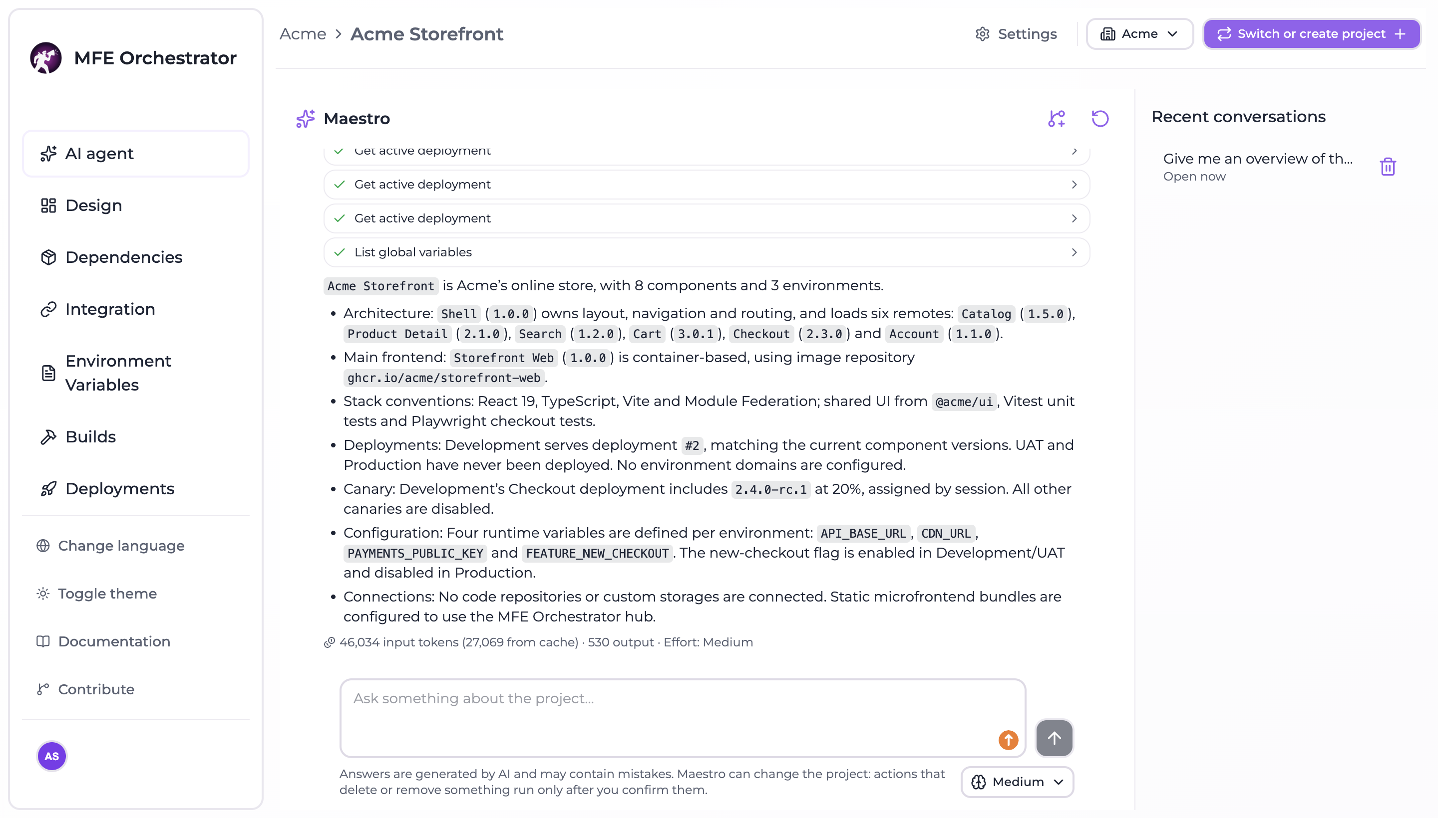 The AI agent page: Maestro answering about the project, with the tools it called, the tokens it used and the saved conversations beside it