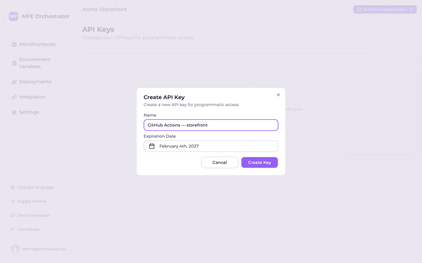 The Create API Key dialog, with a name and an expiry date