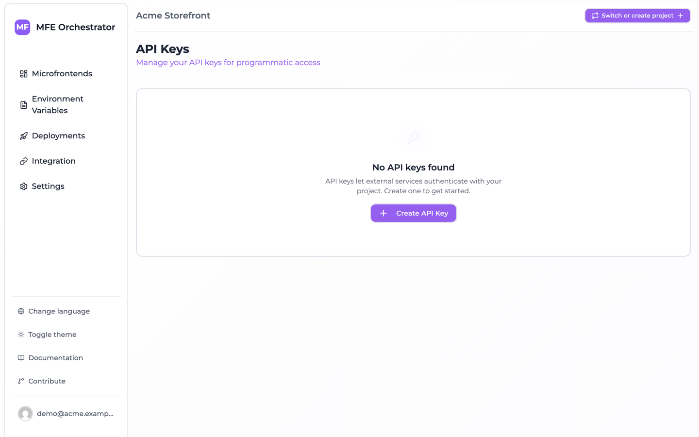 The API Keys page of a project with no keys yet