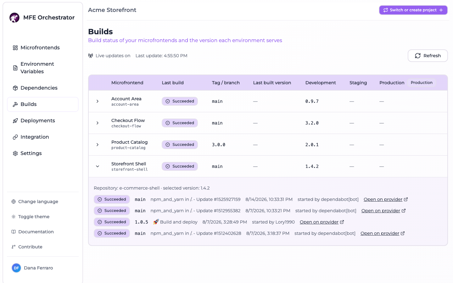 The Builds page with a status badge per microfrontend and one row expanded on its last runs
