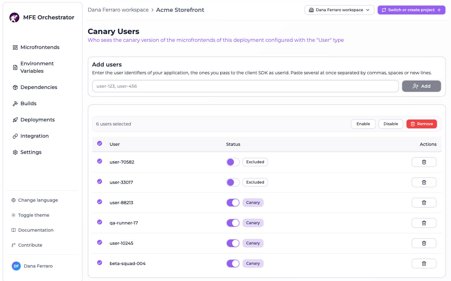The canary users table with every row selected and the bulk enable, disable and remove actions
