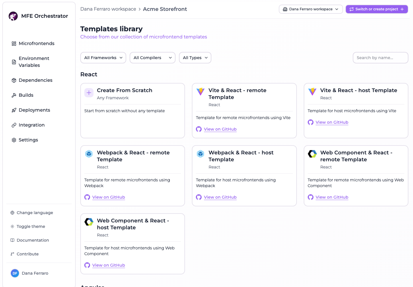 The templates library page: the framework, compiler and type filters above the template cards grouped by framework