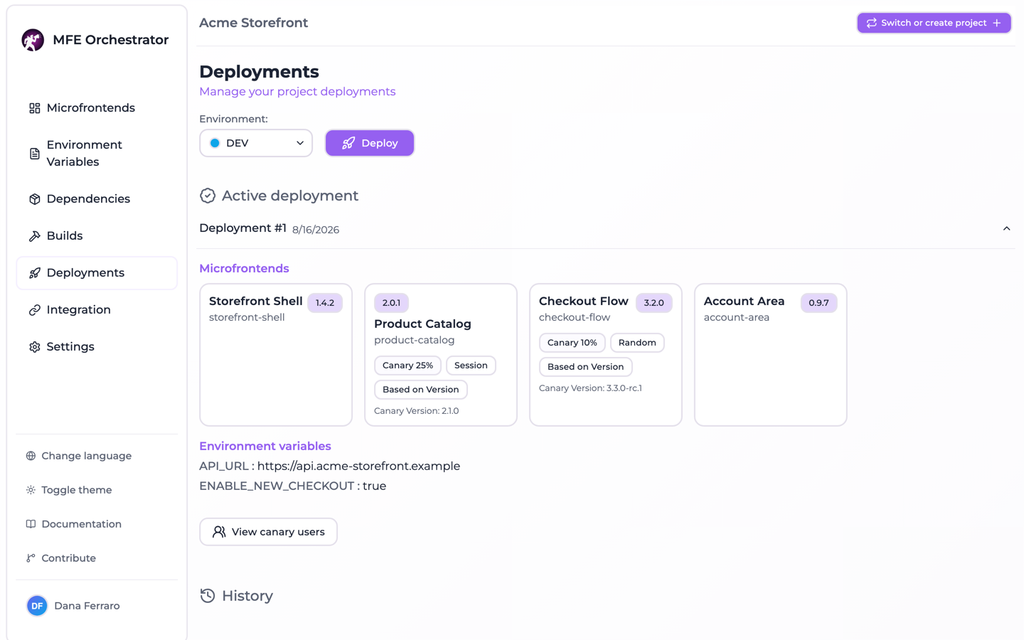 A deployment snapshot with the versions and variables it froze