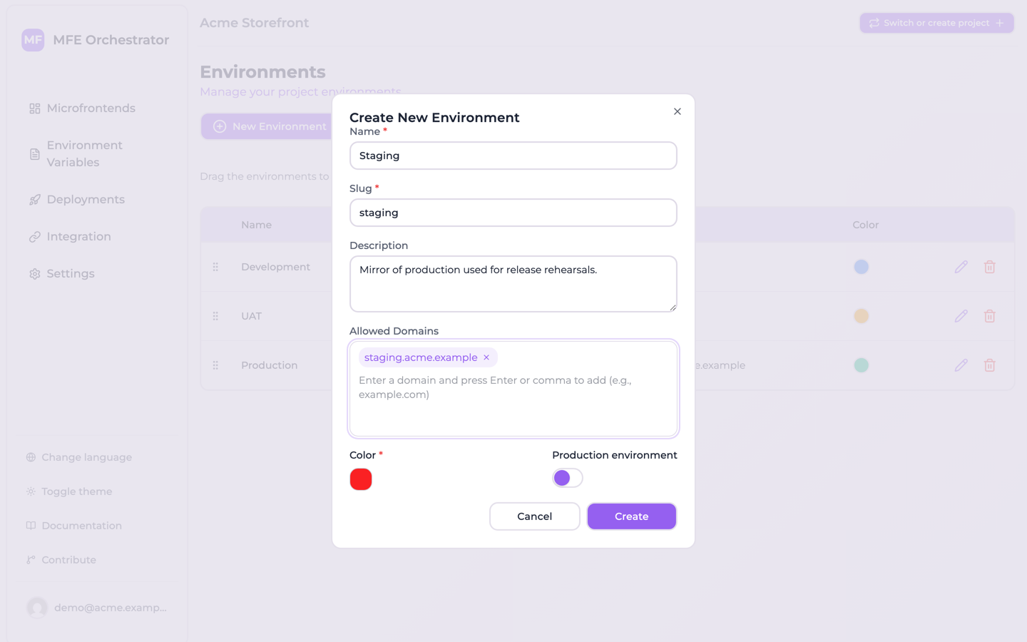 The Create New Environment dialog