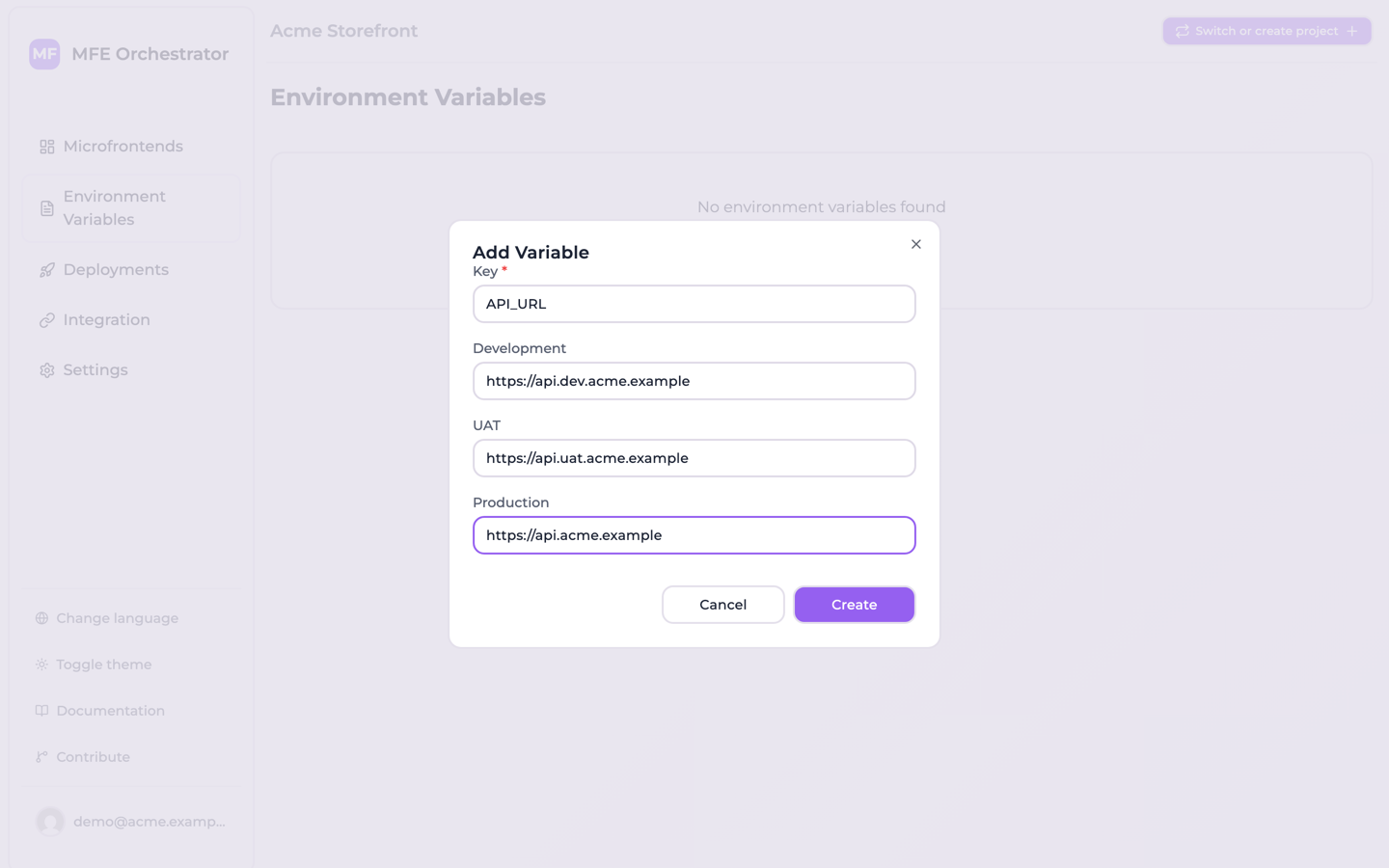 The Add Variable dialog, with a value per environment