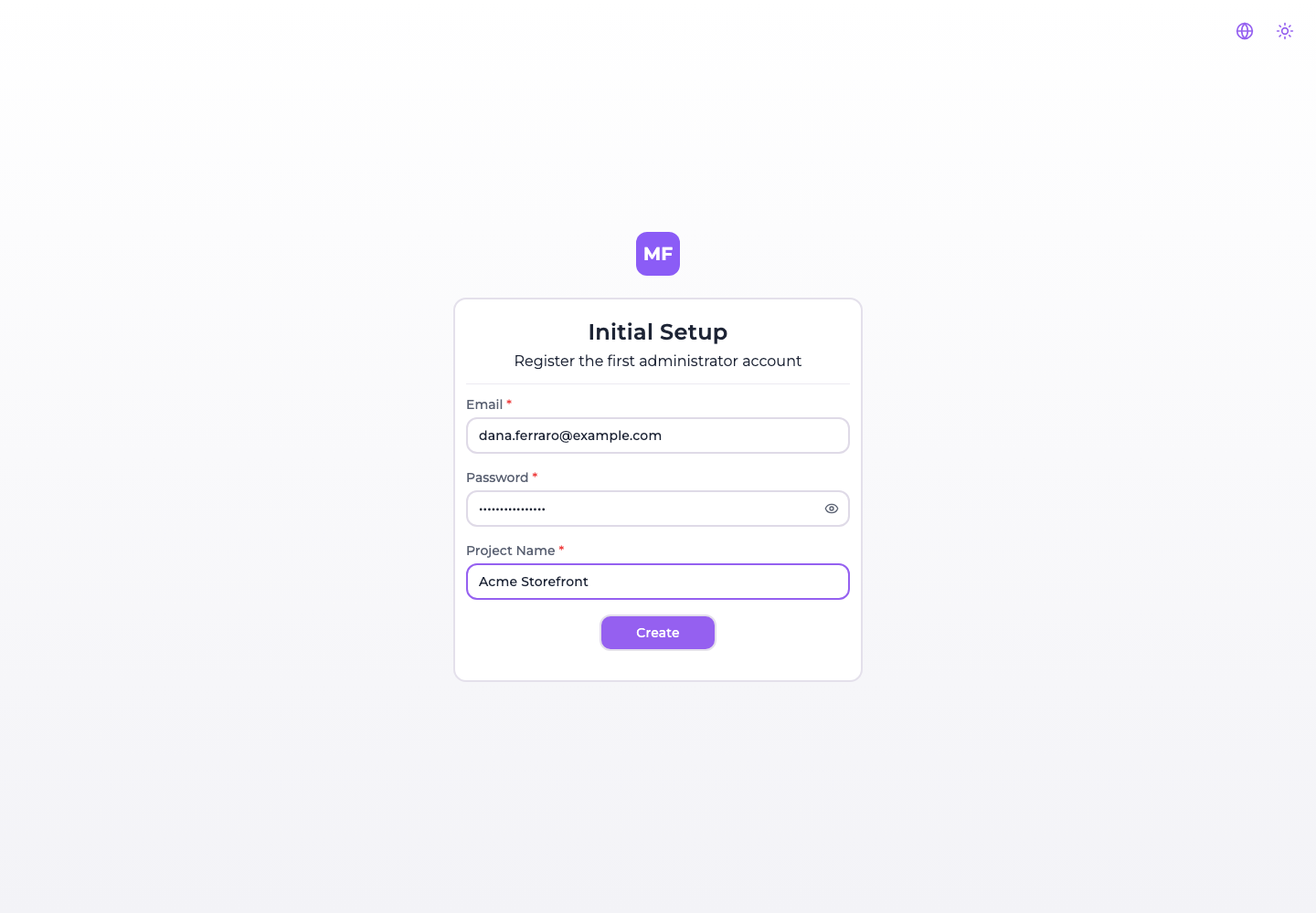 The Initial Setup screen, asking for an email, a password and a project name