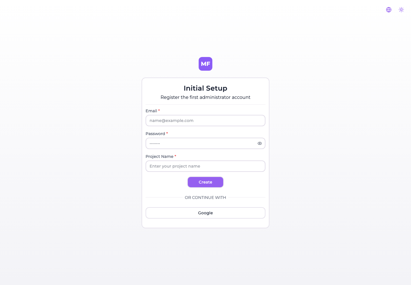 The Initial Setup screen with a Google provider configured, offering it under the form