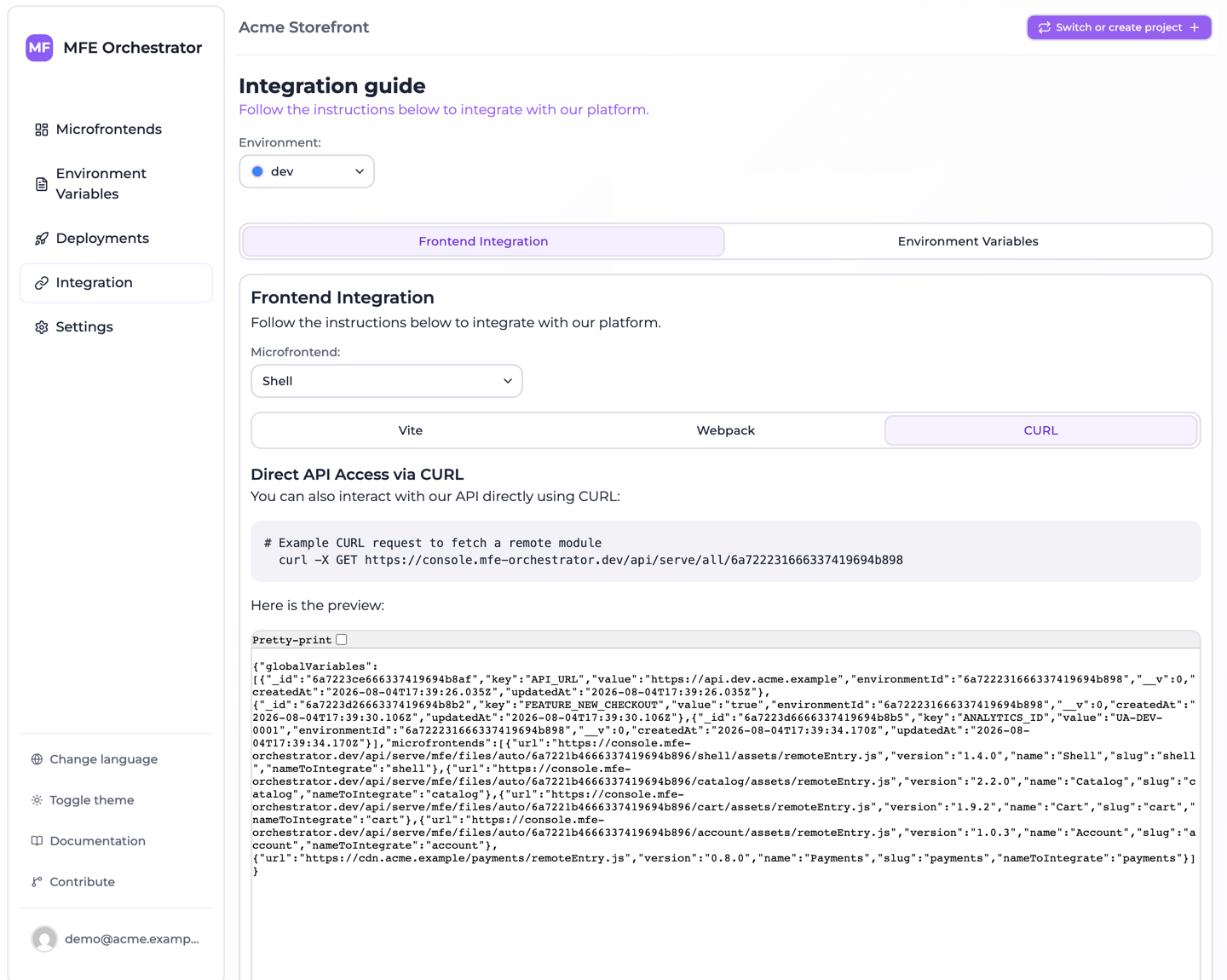 The CURL tab of the Integration page