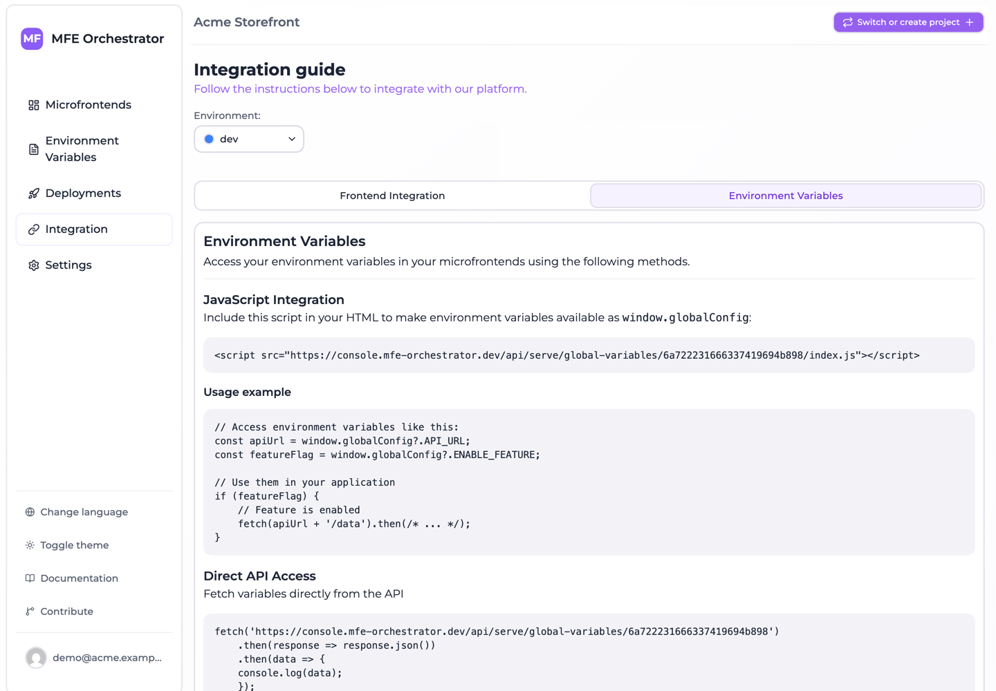 The Integration page's Environment Variables tab, with both snippets filled in