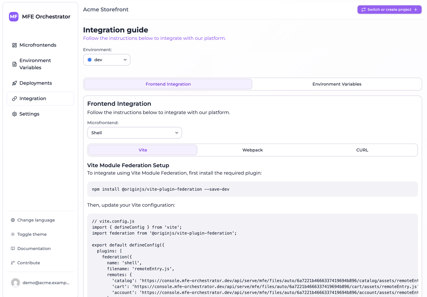 The Integration page generating a Vite Module Federation config for the shell host