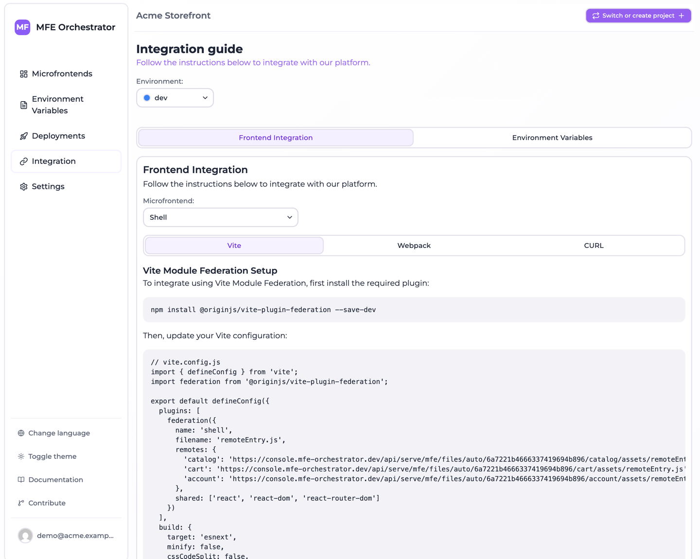 The Module Federation tab of the Integration page, with the remotes of the selected host filled in