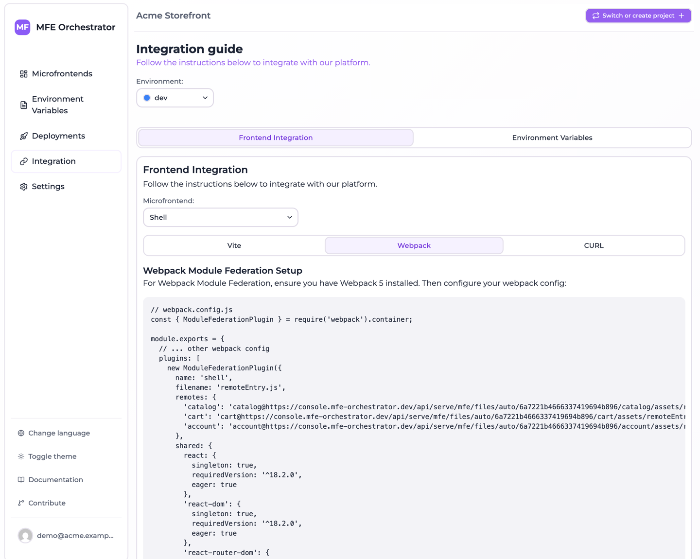 The Module Federation tab of the Integration page, with the remotes of the selected host filled in
