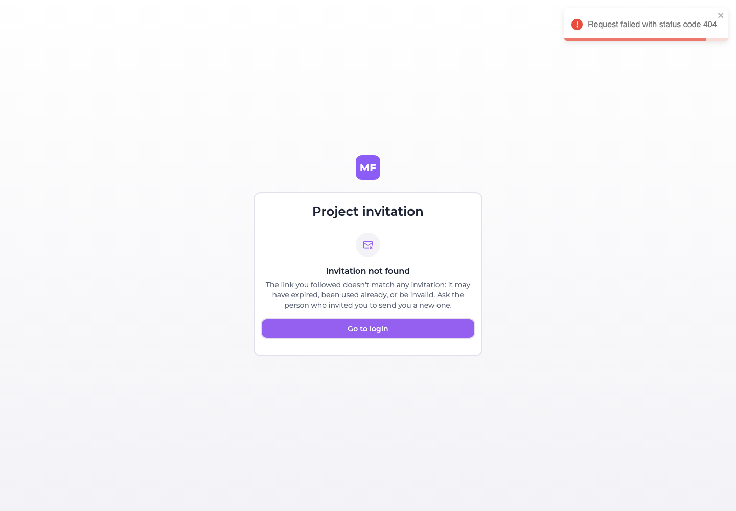 The invitation screen for a link that matches no invitation