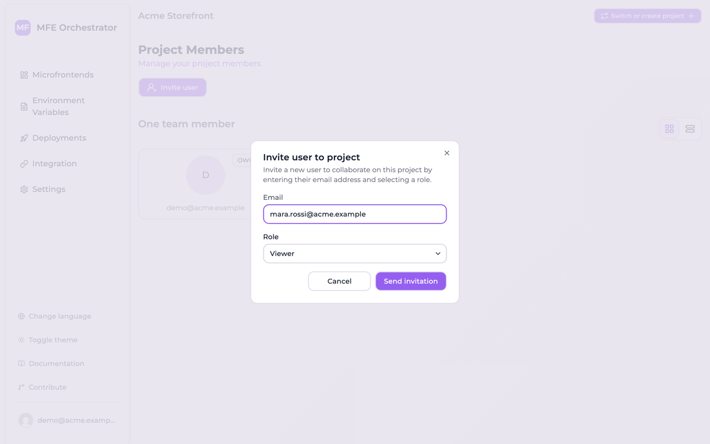 The invite dialog, asking for an email address and a role