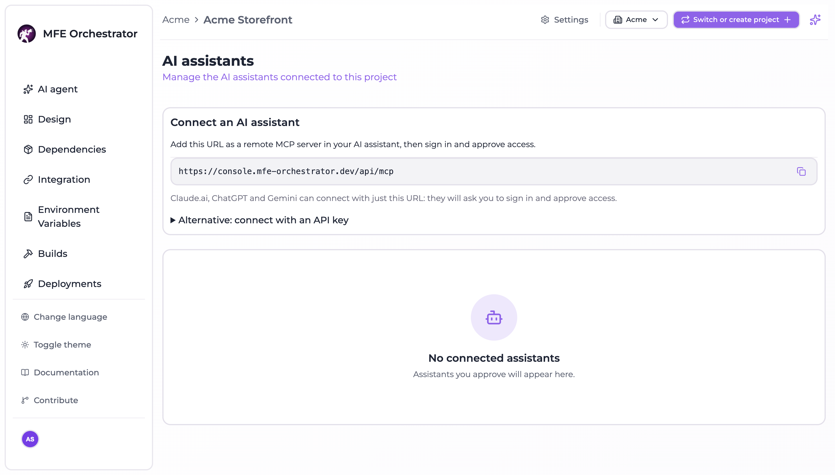 The AI assistants page: the MCP server URL to copy and the list of connected assistants