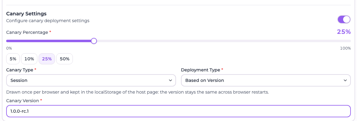 The Canary Settings section of the microfrontend form with the switch on, the percentage slider and its presets, the canary type and deployment type selects and the canary version field