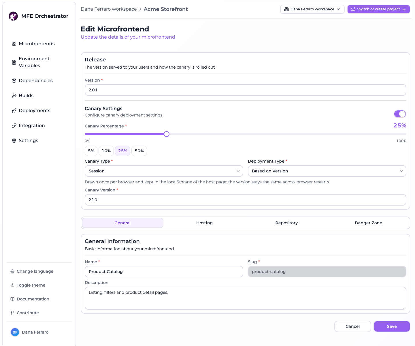 The microfrontend form in edit mode: the Release card with the version and the canary settings above the General, Hosting, Repository and Danger Zone tabs