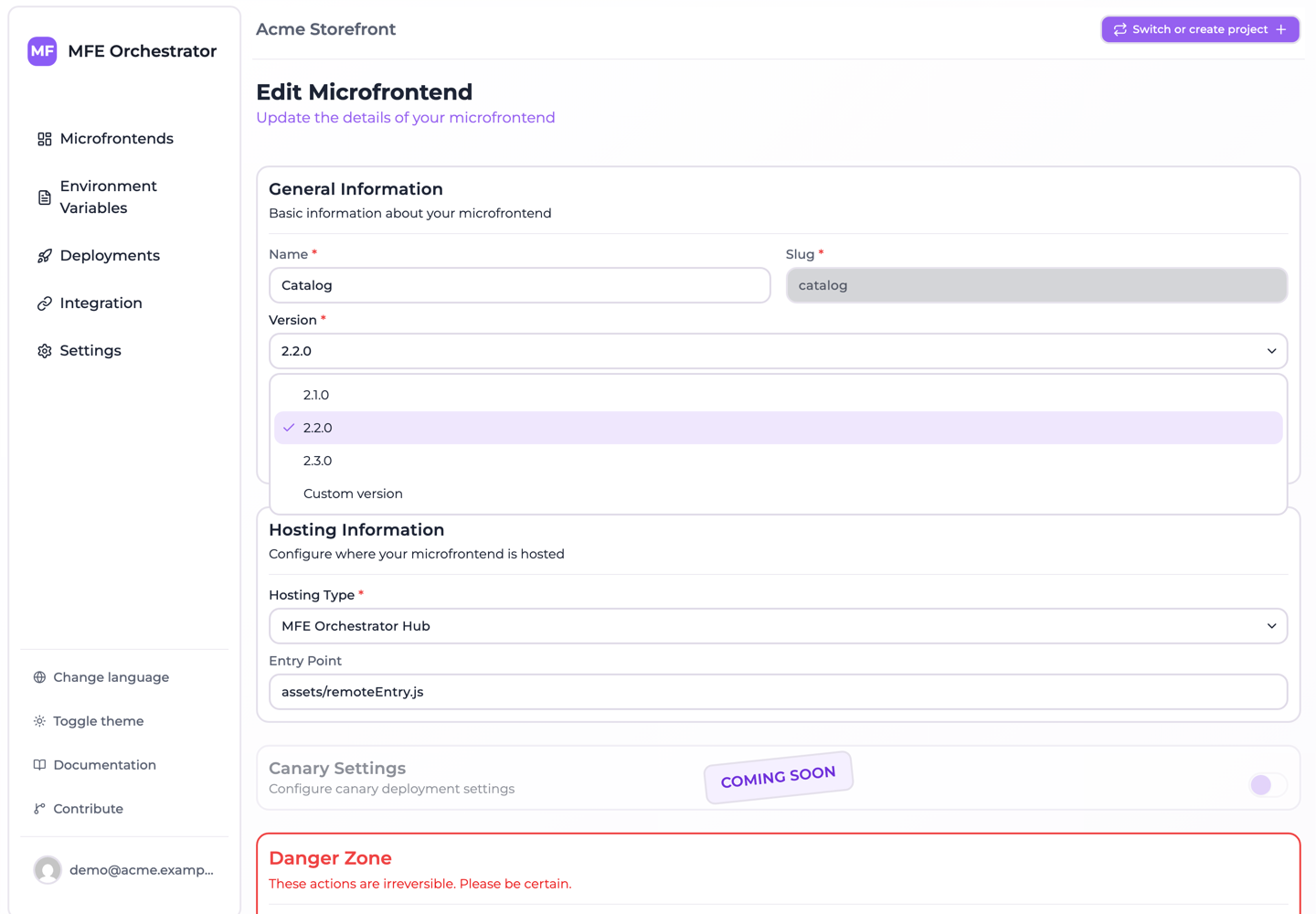 The Version field listing the uploaded versions and a Custom version option
