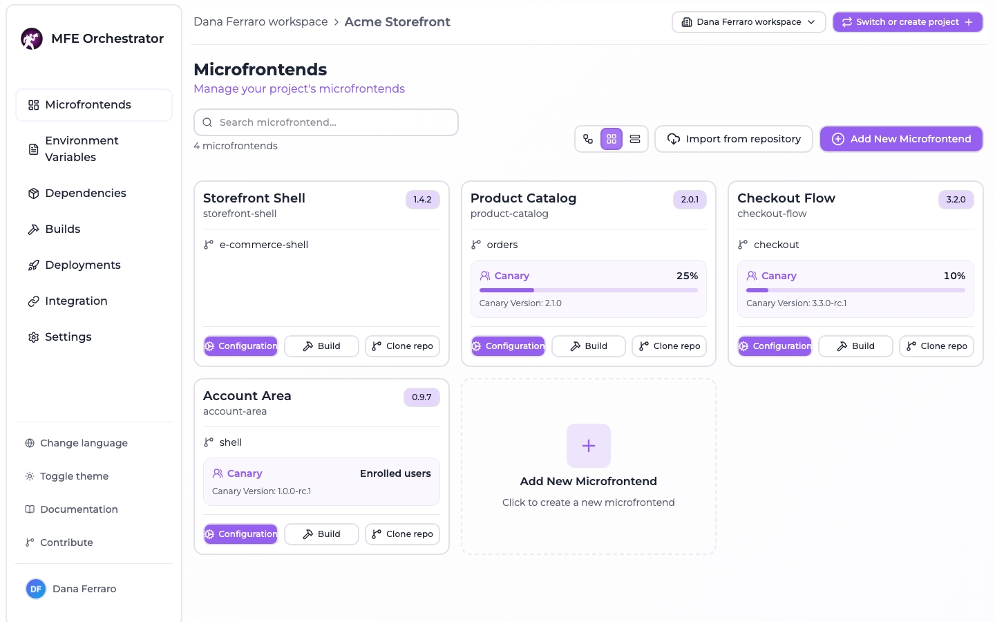 Grid view: one card per microfrontend