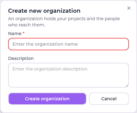 The create new organization form, asking for a name and a description