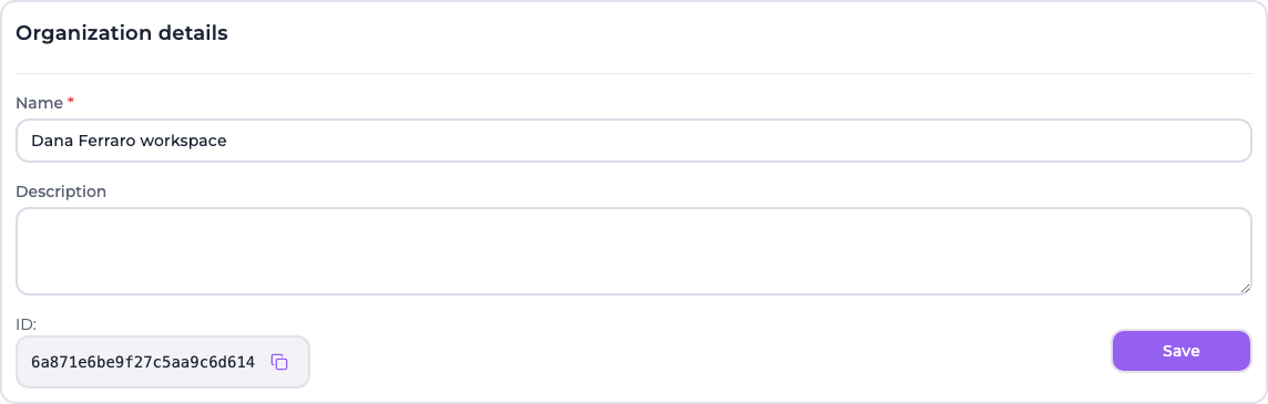 The organization details card with name, description, identifier and save button
