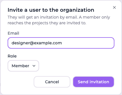 The invite a user to the organization dialog, with an email field and a role selector