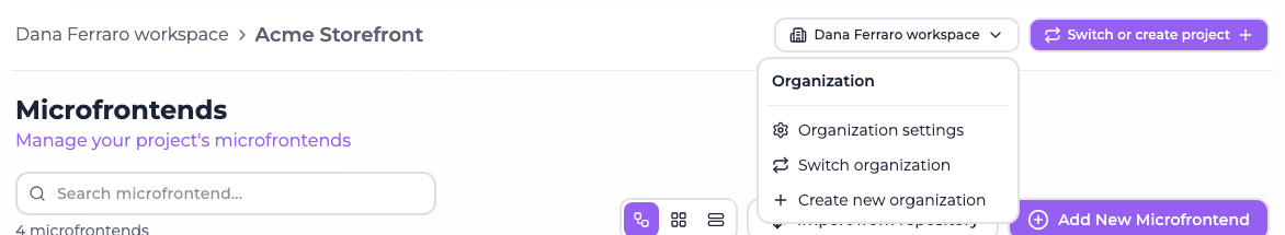 The console header showing the organization name, the project name and the open organization menu