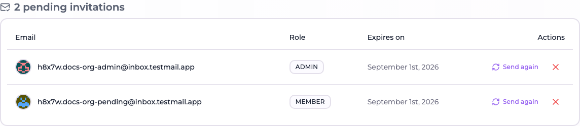 The pending invitations table with the expiry date and the resend and revoke actions