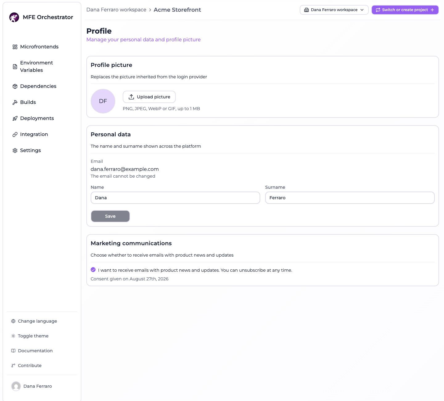 The profile page, with the profile picture, personal data and marketing consent cards