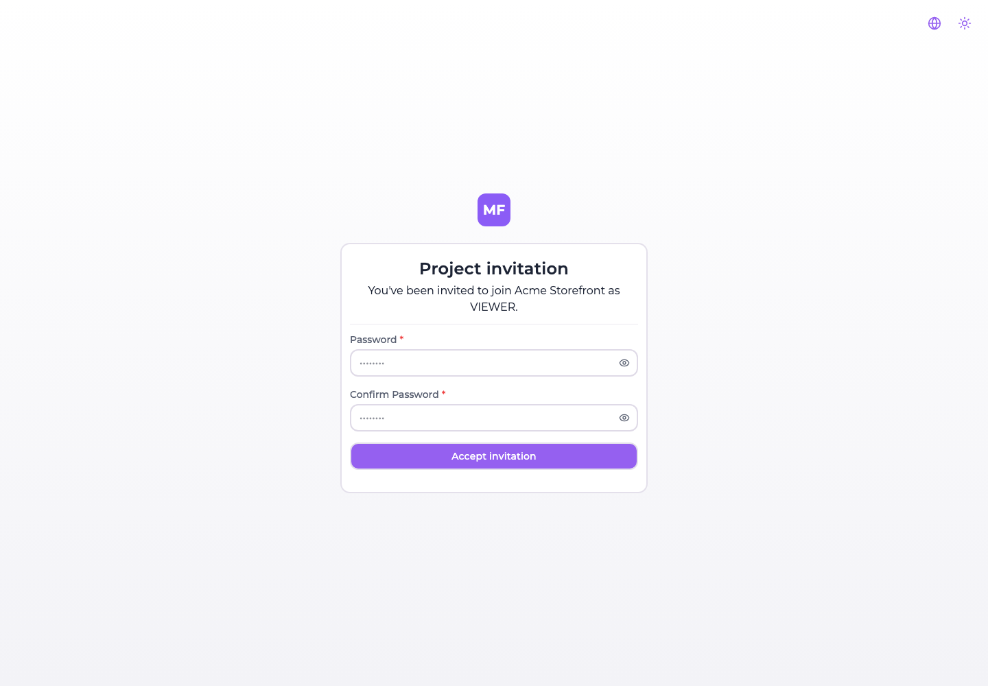 The project invitation screen, naming the project and the role, asking for a password