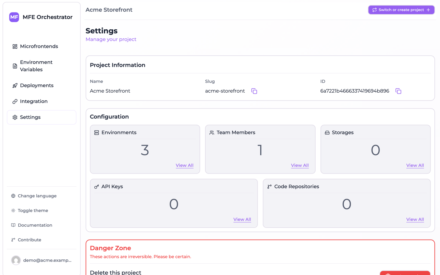 The Settings page: project information, configuration counts and danger zone