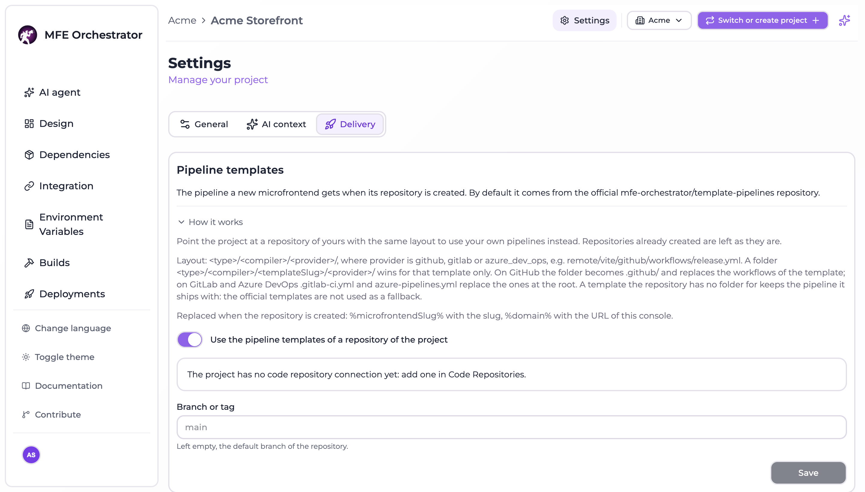 The Delivery tab of the project settings