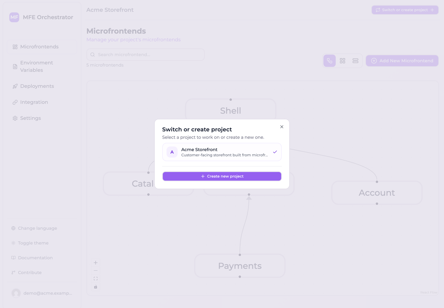 The project switcher, which also creates a new project
