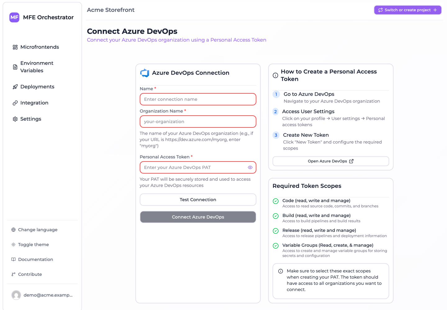 The Azure DevOps connection form