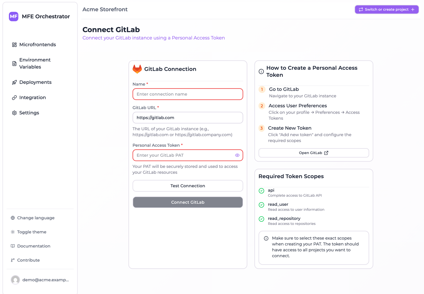 The GitLab connection form