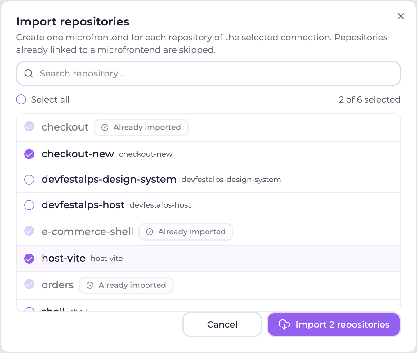 The import dialog listing the repositories of a connection, with slugs and already imported badges