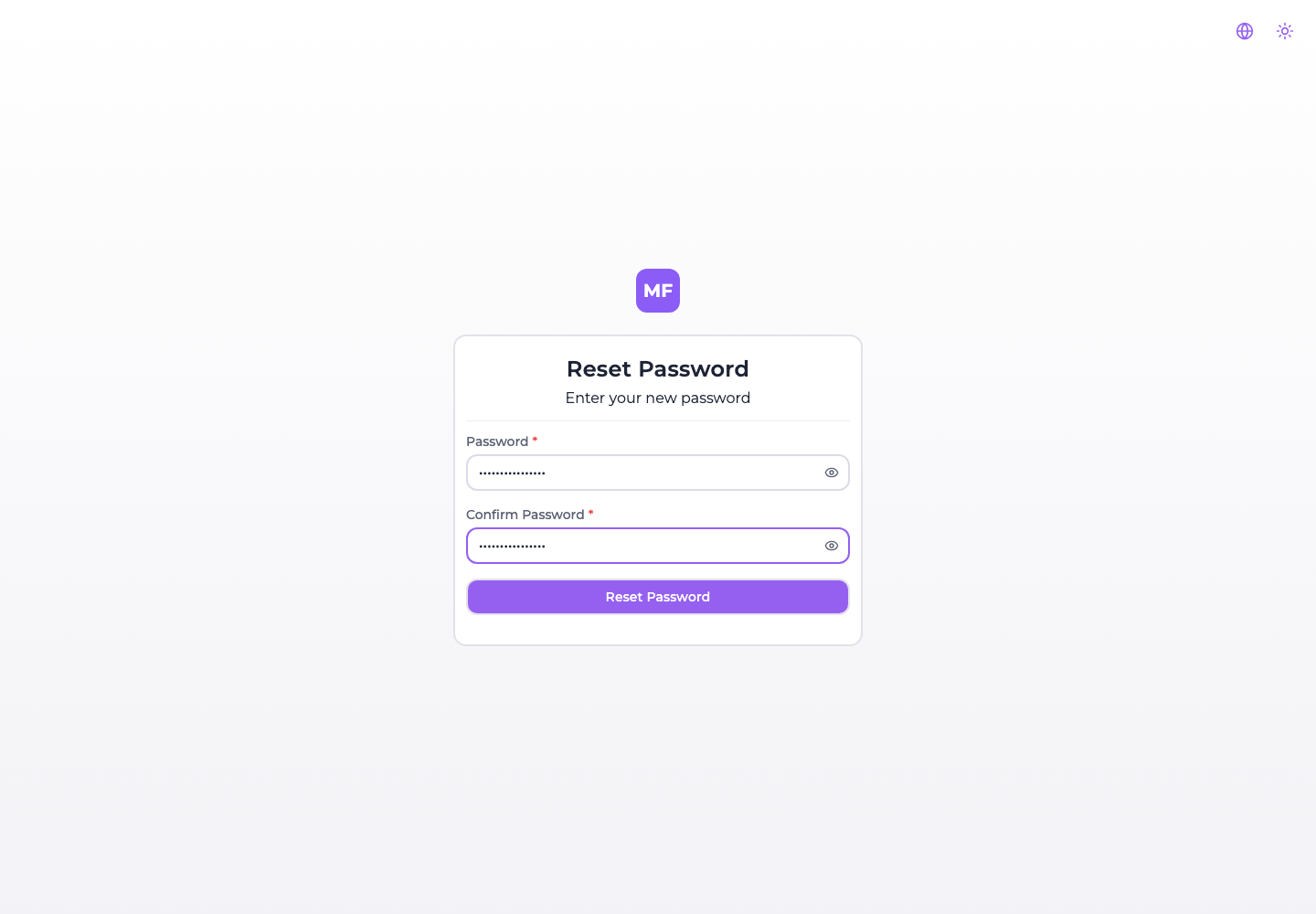 The Reset Password form, with the new password and its confirmation
