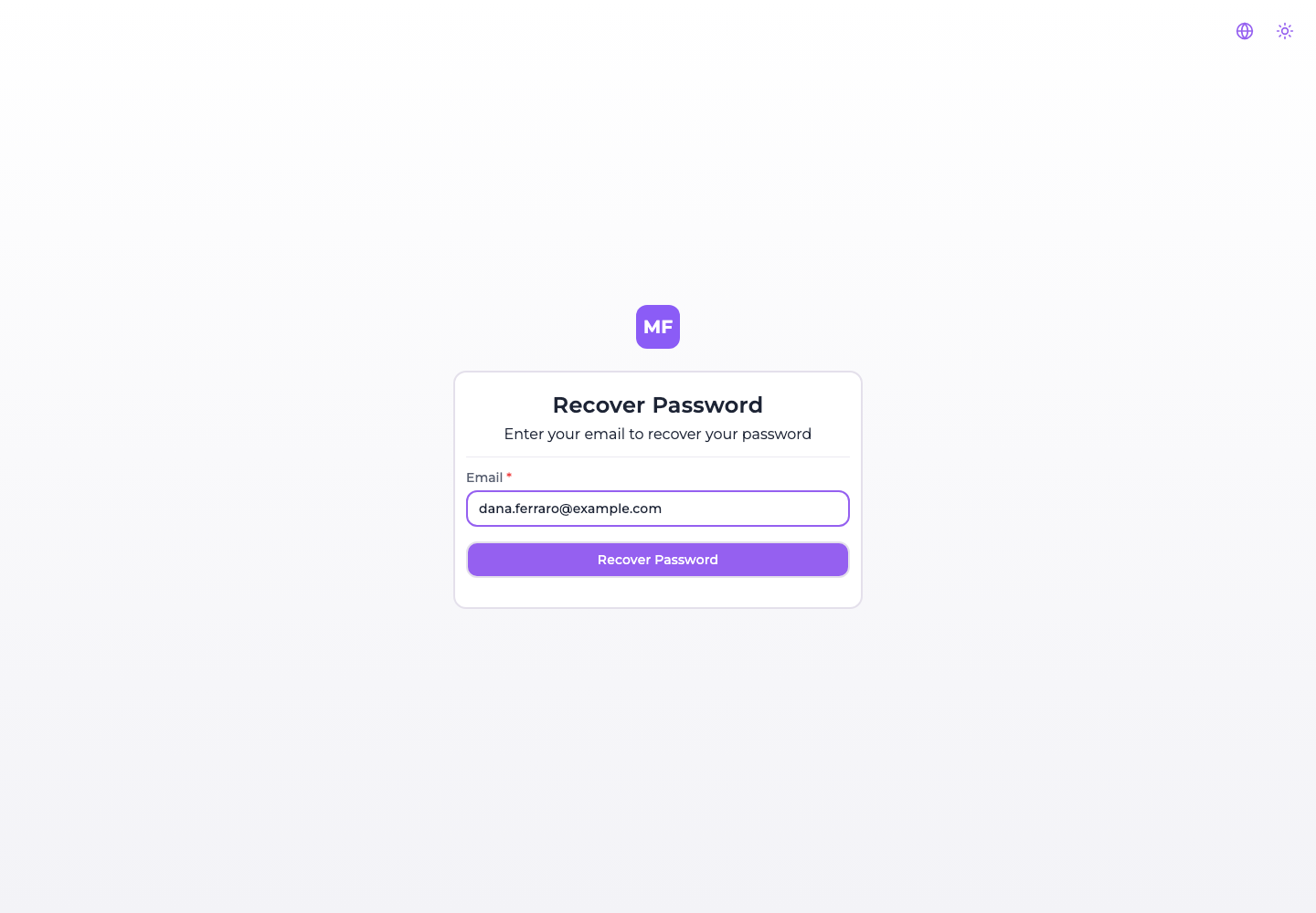 The Recover Password form, asking for an email address