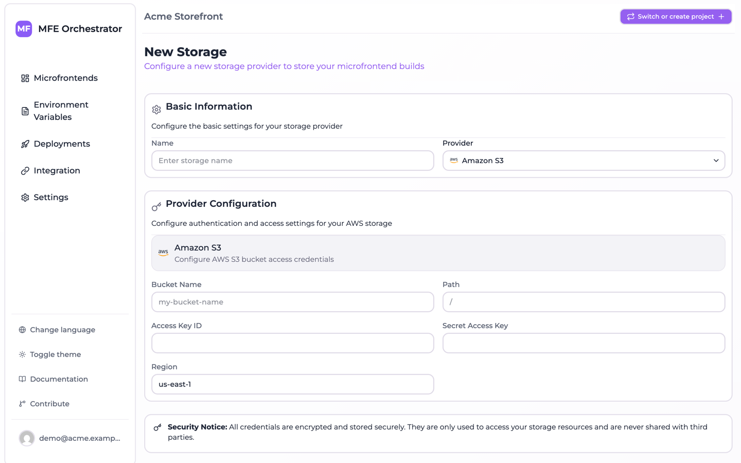 The New Storage form, showing the Amazon S3 credential fields