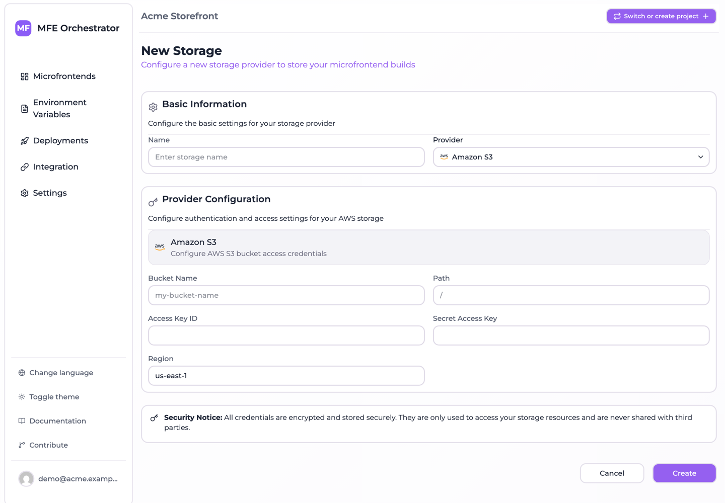 The New Storage form with the Amazon S3 credential fields