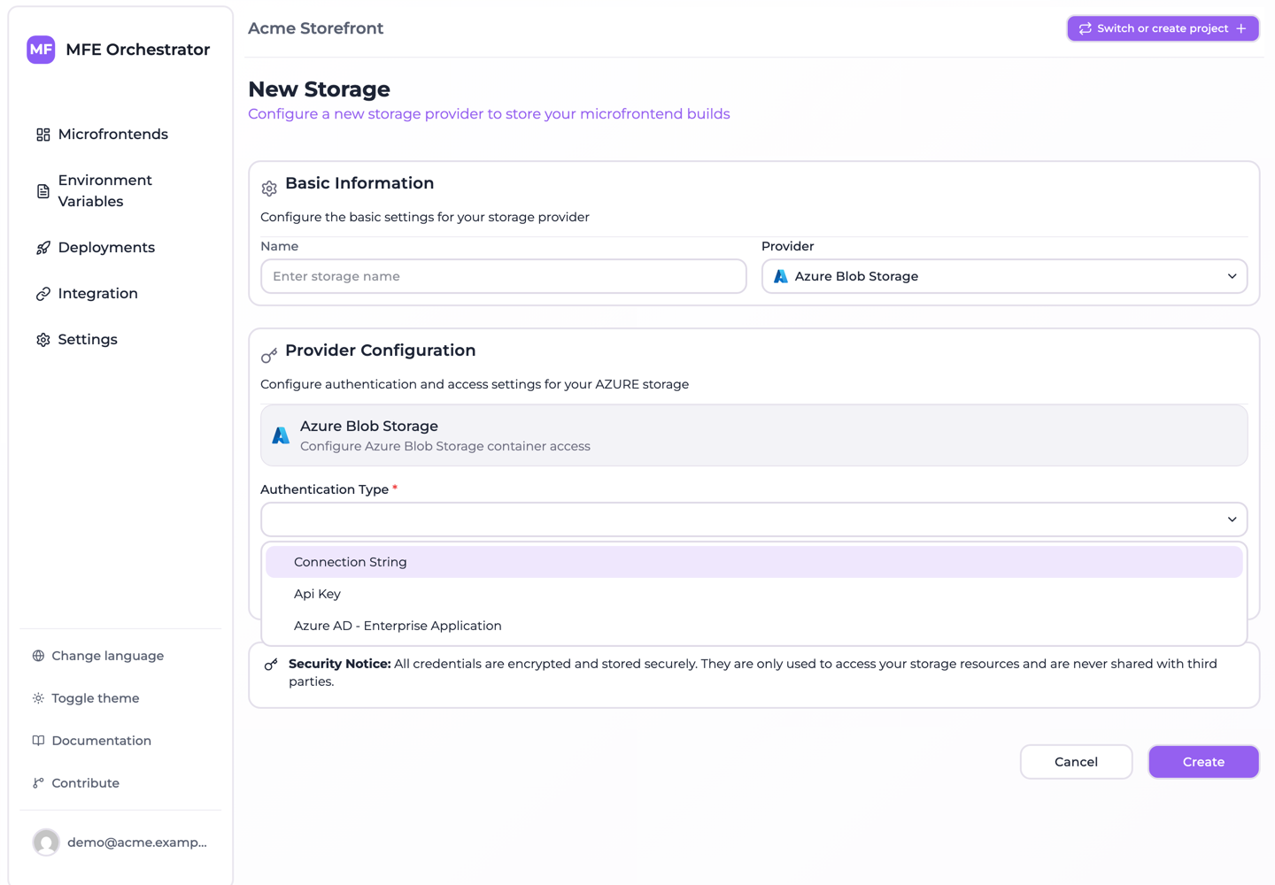 The three authentication types offered for Azure Blob Storage