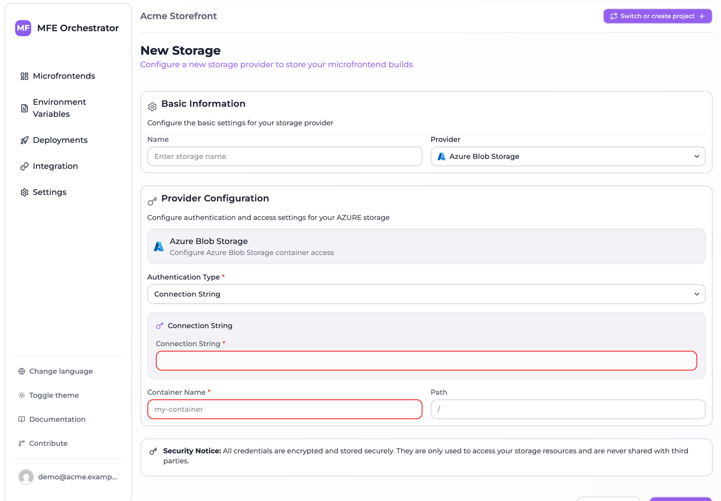 The Azure Blob Storage form with Connection String selected