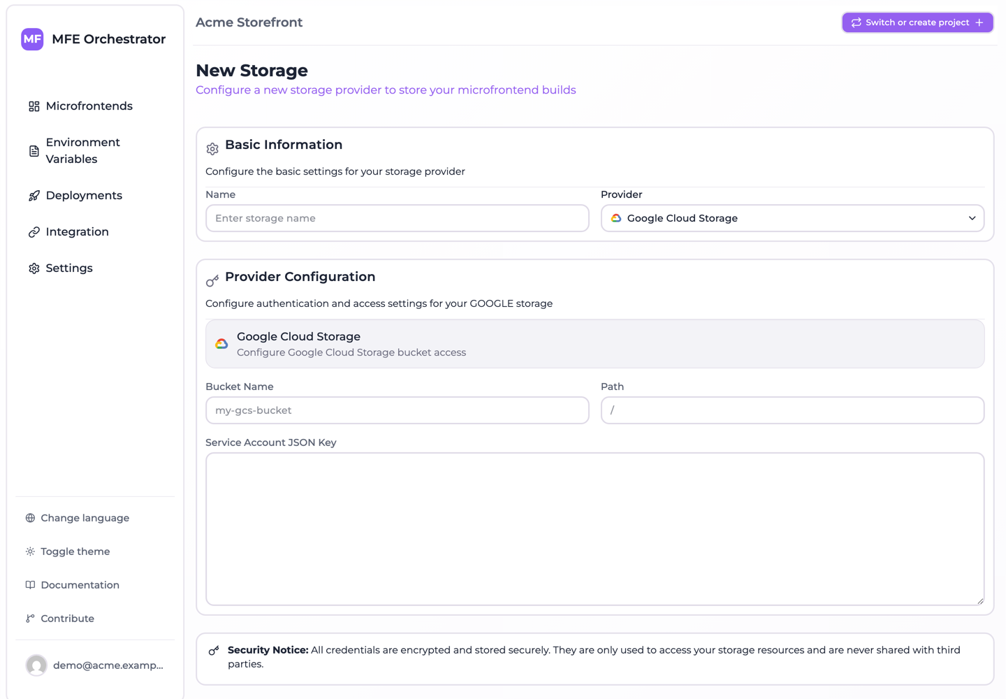 The New Storage form with the Google Cloud Storage fields