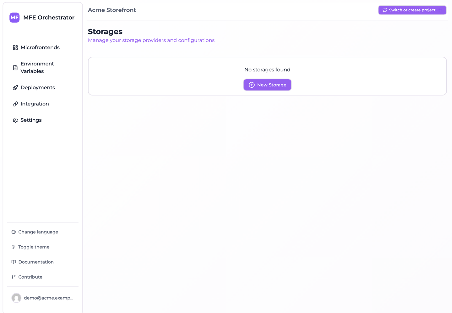 The Storages page of a project with no bucket configured yet